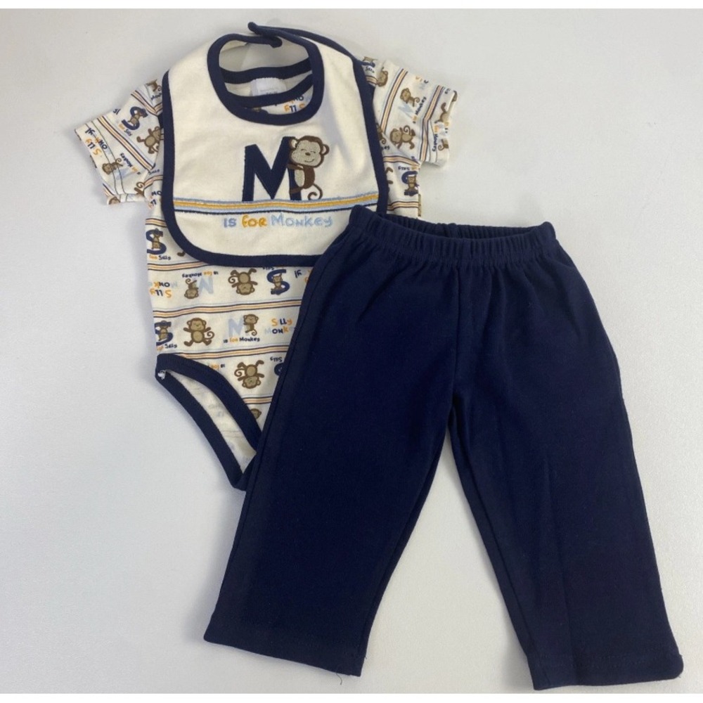 Sleeping Baby 3 Piece Set Kids 3M Navy Blue Monkey Bodysuit Pants Bib Cotton